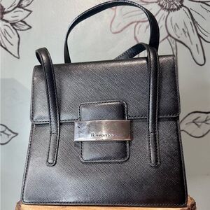 Burberrys Black Leather Top Handle Vintage Bag with Metal Plate Accent